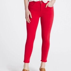 Jen 7 By 7 For All Mankind Cherry Red Cropped Skinny Frayed Hem Jeans Size 8